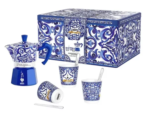 Bialetti D&G Express kávéfőző 3 adag + D&G csésze 3 darab/ ezüst keverő 3 darab Díszdobozban