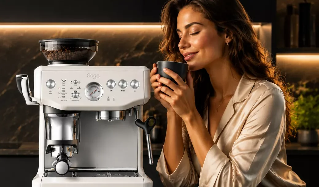 Krémfehér Sage Barista Express Impress kávégép, mellette egy nő csukott szemmel a kávé illatát élvezi