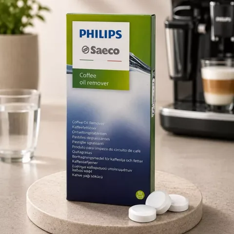 Philips Saeco kávéolaj-eltávolító tabletták doboza, előtte három tabletta